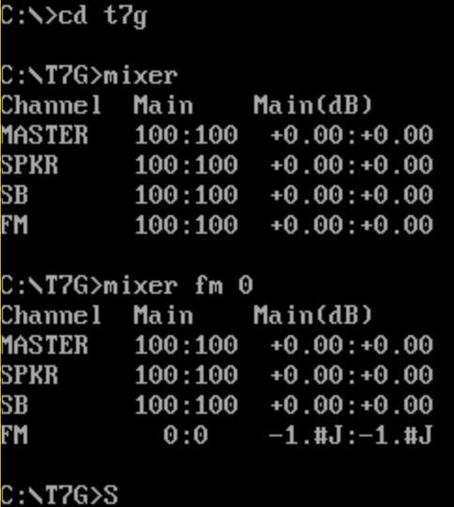 Showing DOSBox's mixer settings. Master, SPKR, SB, and FM are all 100% at start. I then set FM to 0%, which should mute FM sound.