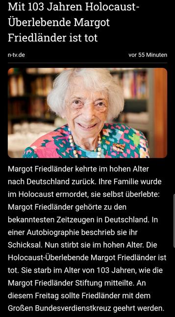 Der Termin wurde allerdings auf Wunsch Friedländers abgesagt. Friedländer gehört zu den bekanntesten Zeitzeuginnen und -zeugen. Sie versteckte sich während der nationalsozialistischen Judenvernichtung in Berlin im Untergrund, wurde aber verraten und in ein Konzentrationslager verschleppt. Sie überlebte, ihre ganze Familie wurde ermordet. Nach dem Zweiten Weltkrieg wanderte Friedländer in die USA aus, erst später im Leben wandte sie sich ihren Erfahrungen im Holocaust zu. Bekannt machte sie unter anderem ihre Autobiografie.