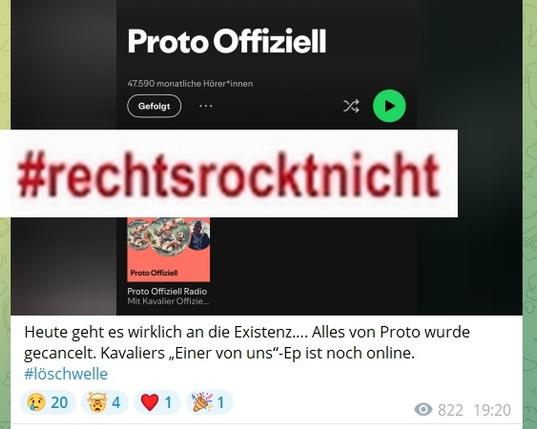 Screenshot Telegram. Oben anderer Screenshot von Spotify, Kanal Proto Offiziell, darunter Text von Kai Proto Naggert: "Heute geht es wirklich an die Existenz…. Alles von Proto wurde gecancelt. Kavaliers „Einer von uns“-Ep ist noch online. #löschwelle"