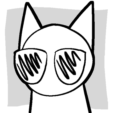 A simply drawn white cat with sunglasses. They have no mouth and no arms.