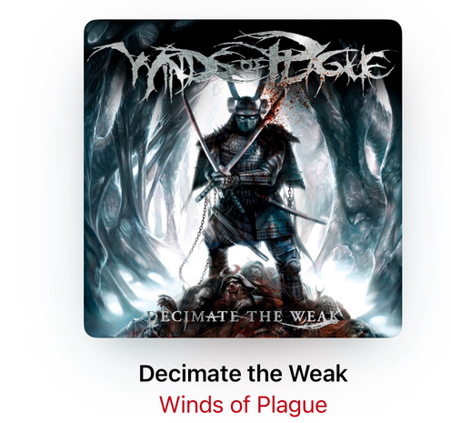 Album cover for the bad Winds of Plagues album “decimate the weak.” A samurai in full armor with two bloody swords stands atop a small pile of severed heads. The background is grayish silver with the logo of the band above the samurai.