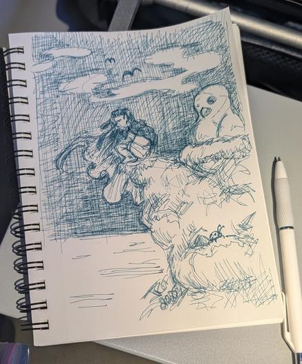 A sketchbook and pen. The sketchbook depicts an ink sketch wherein a cloaked woman perches on a cliff edge, looking silent. A giant, dopey-looking baby bird sits in a nest behind her.