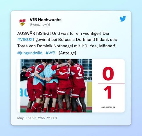 AUSWÄRTSSIEG! Und was für ein wichtiger! Die #VfBU21 gewinnt bei Borussia Dortmund II dank des Tores von Dominik Nothnagel mit 1:0. Yes, Männer!!

#jungundwild | #VfB | [Anzeige] https://t.co/CHtGRfc91i