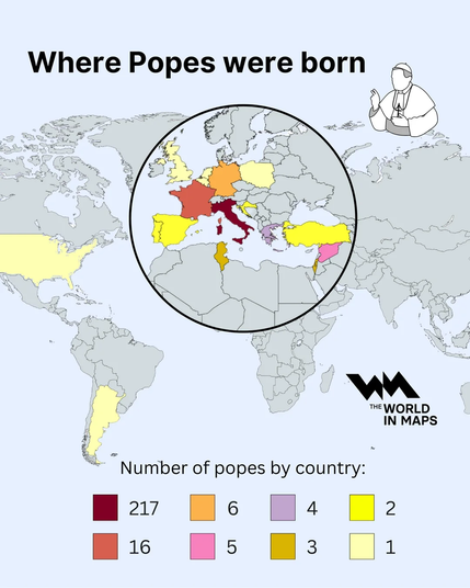 Map showing where Pops were born, though obviously many of the shaded countries didn't exist in their current form at the time