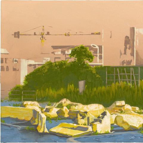 Painting by Aurel Porté depicting an urban landscape, with anti-parking rocks and reinforced concrete barriers lining the roadside in the foreground. In the background, a vacant lot overgrown with vegetation. This type of roadside scenery is common in the suburbs of Paris, evoking the image of an area where concrete blocks might have been abandoned. In reality, it is an intentional design meant to prevent the establishment of encampments.