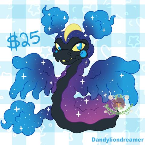 a fusion of hissi the neopet and cosmog the pokemon!

their a snake body colored  a cosmic blue and purple with white speckle stars, and they have a black face and stomach, a yellow fin is on the head, they have blue cheekes and yellow blue eyes and mouth