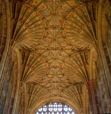 richly decorated C15 vaulting over the choir and chancel of Sherborne Abbey, Dorset, England. May 2025.