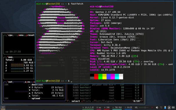 A screenshot of fastfetch and btop