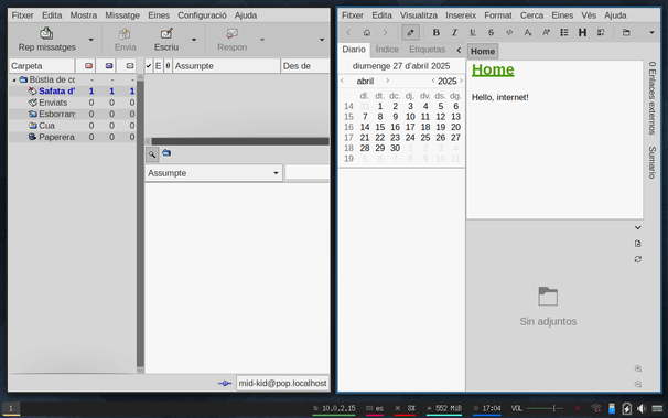 A screenshot of claws mail and zim desktop wiki