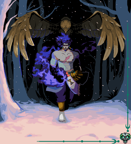 Prometheus walking in the snow, blue fire on his right hand, his eagle, Eatos, has his wings open around him, engulfing him like a hug. It's night time, and there's trees behind them both.