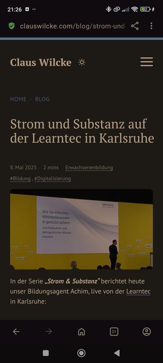 auftritt KI, Screenshot, der den Anfang des Artikels "Strom und Substanz" bei clauswilcke.com abbildet