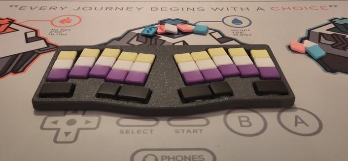 A small keyboard with 36 keys is laying on a gameboy/Pokémon themed deskmat with the text "every journey begins with a choice". The keycaps of the keyboard make an enby flag. Next to the keyboard there a loose keycaps in the trans colors