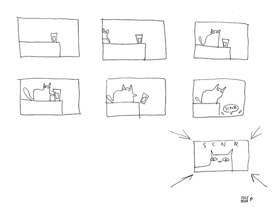 storyboard in seven frames.

1) a glass of water  next to the edge of probably a table or so
2) a cat enters the frame from the left
3) the dat sits next to the glass
4) the cat extends its paw towards the glass
5) the cat pushes the glass over the edge
6) the cat looks down over the edge, from below, some splashes of water reach into the frame, together with a speech bubble containing the word "scnr"
7) the cat looks right at the viewer, a cheeky expression of contentment on its face, with the word "scnr" over its head. four arrows pointed from outside at all four edges of the frame indicate a zoom to be executed onto the cat's face.