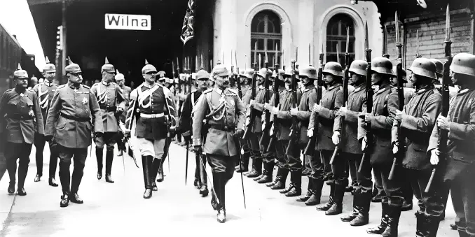 Fotografia in bianco e nero della Grande Guerra, scattata al kaiser Guglielmo che passa in rassegna le truppe alla stazione ferroviaria di Wilna (adesso in Lituania)