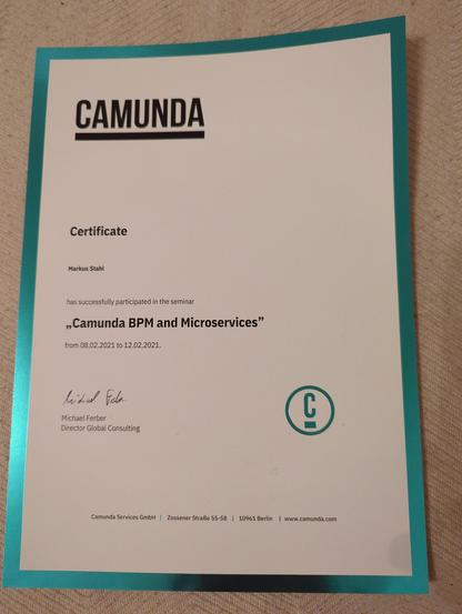 Camunda Certificates from February 2021. Topic: "Camunda BPM and Microservices"