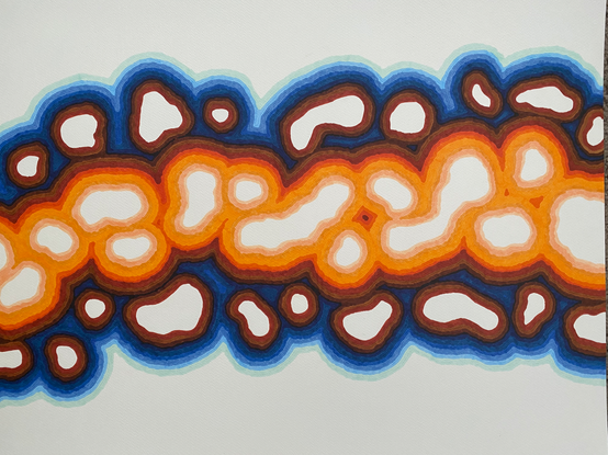 Wide shot of new drawing that resembles an agate-like structure with shades of orange and brown in the middle layer, then shades of blue on the outer layers
