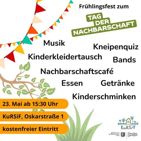 A colorful promotional poster for a neighborhood spring festival including various activities such as music, a quiz, children's clothing exchange, food, drinks, and face painting. The event is scheduled for May 23 at 15:30 at KuRSiF, Oskarstraße 1 with no entry fee.