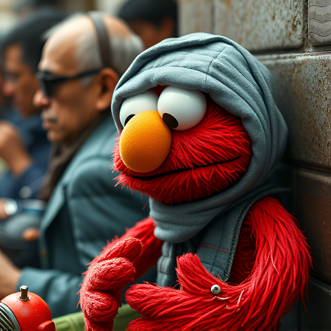 A sad, desperate Elmo seated against the brick wall of a men’s shelter pondering his future.