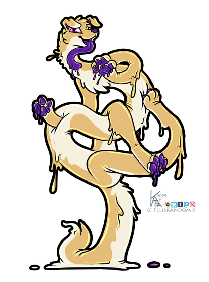 Digital art of a stretchy dog that is also gooey. He's balancing on his tail in this piece
