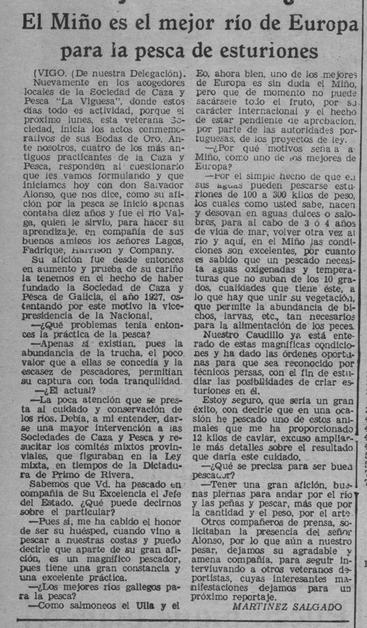 Nesta nova de 1963 fálase sobre a pesca do esturión no Miño e mesmo sobre a posibilidade de criar este peixe en Galicia