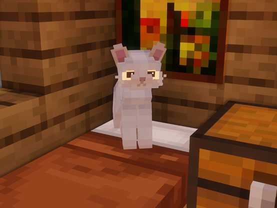 A detailed white Persian cat in Minecraft sitting on a bed