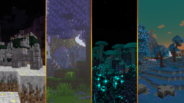 An image broken into four parts showcasing various mystical and alien Minecraft biomes added by the mod Various World