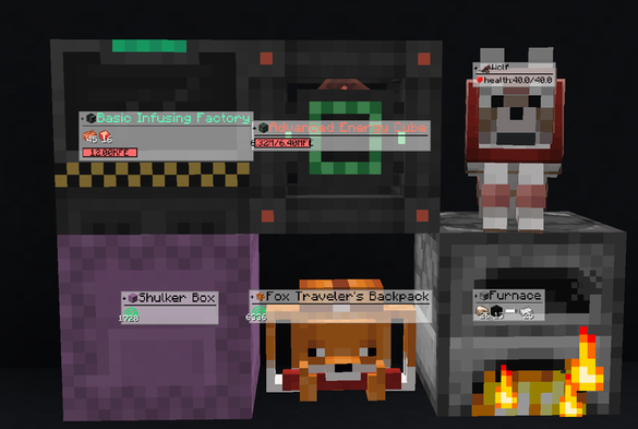 A series of Minecraft blocks including modded blocks with inventory contents being viewed at once through hovering panels.