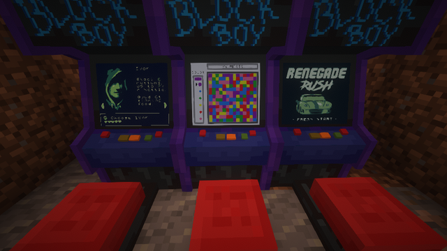 Three “BlockBoy” arcade machines, placed next to each-other, displaying a few different games