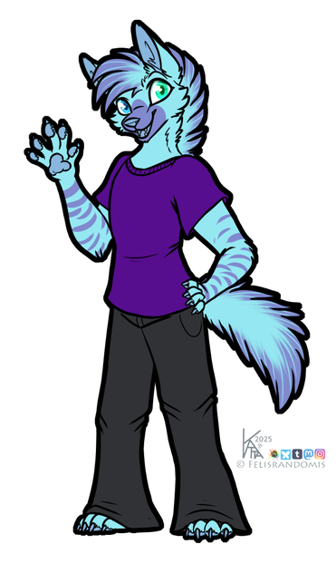 Digital art of an aardwolf character wearing a purple shirt and black pants.