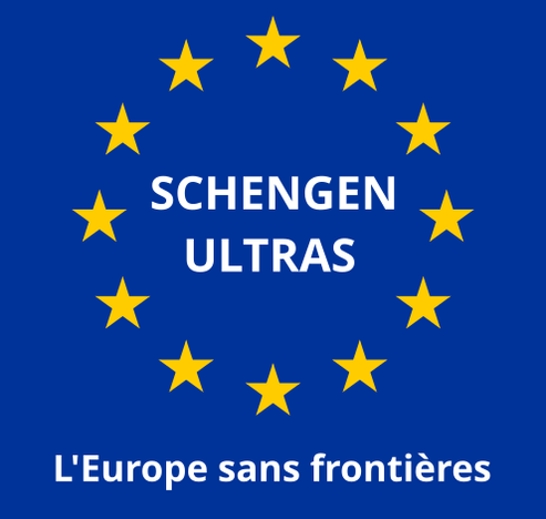 European Flag containing the Term "SCHENGEN ULTRAS" inside the circle of the stars and Text "L`Europe sans frontières"
