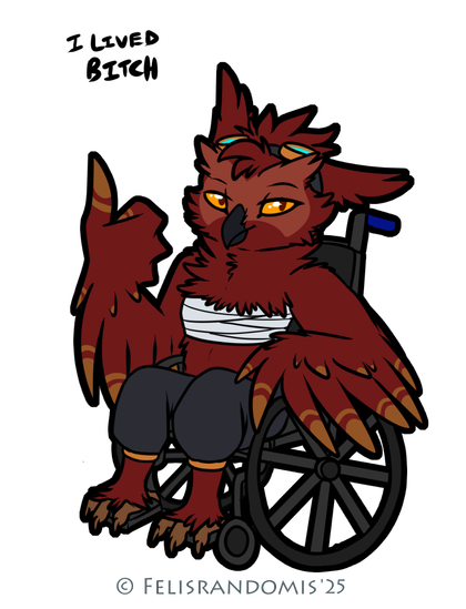 Digital art of an owl character, looking slightly disheveled. He's sitting in a wheel chair with bandages around his torso. Giving a thumbs up with text "I lived bitch"