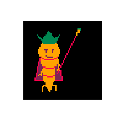 Pixel art of a carrot person wearing a purple cape and holding a staff that also has a carrot at the end of it