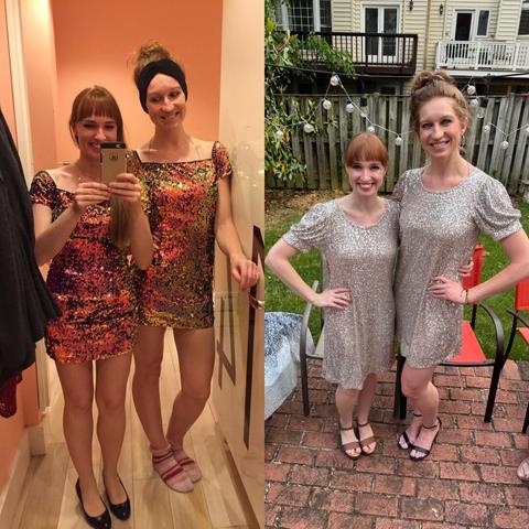 Two girls are dressed in short sequin dresses. Comparing a photo from 2017 on the left to a photo from 2025 on the right.