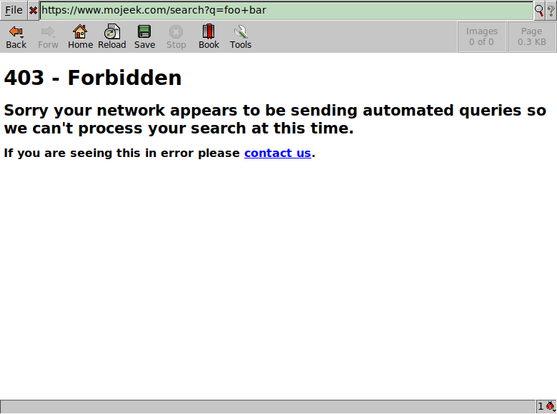 Dillo showing a 403 message for a query in Mojeek search engine.
