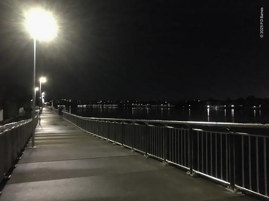A concrete riverwalk next to the Brisbane river, at night. Stainless steel railings gleam in bright white LED lighting at periodic intervals along the walk. On the horizon are distant lights on the river's opposite bank. Lots of lines and leading lines.