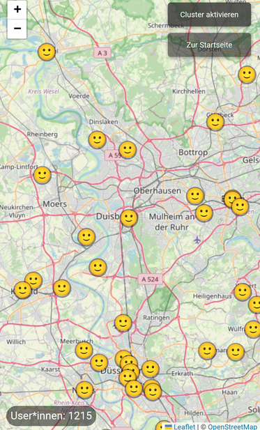 Screenshot einer Karte mit mehreren Smileys. Jedes Smiley markiert die Eintragung eines Fedinauten