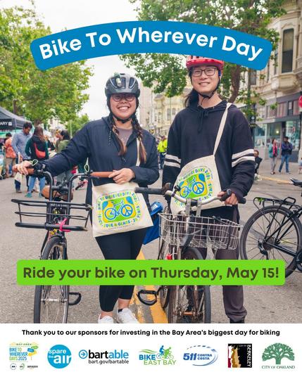 Photo of two smiling cyclists wearing their Bike to Wherever Day tote bags and standing beside their bikes. Text reads: Ride your bike on Thursday, May 15.