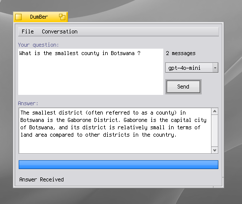 Screenshot of a simple Haiku app named "Dumber" with a question box, and answerbox and a list of models to use.