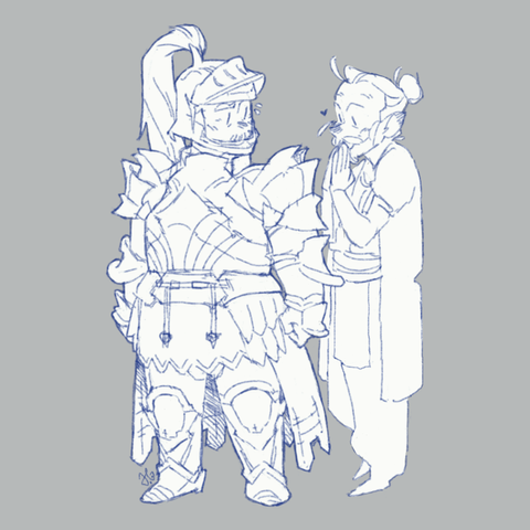 Papashan is posing with the Ishgardian Knight armor. He looks a bit uncomfortable with Lolorito admiring him up close. Lolorito has his hands together with fingers pressed against his lips with a satisfied expression.