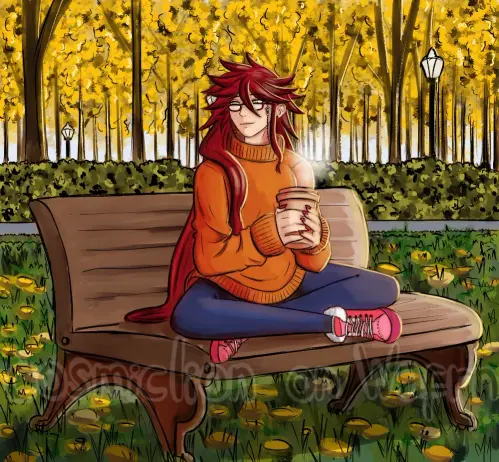 Digital fully rendered illustration of Grell Sutcliff from Black Butler. She is wearing an orange sweater, jeans and pink sneakers. She is sitting cross-legged on a wooden bench in a park in autumn, holding a steamy cup of coffee in both hands and looking around with a peaceful smile. There are yellow leaves all over the ground. Green bushes, yellow trees and lamp posts can be seen in the background.