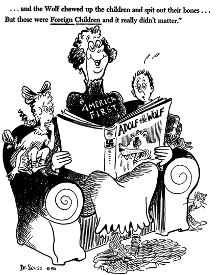 Woman reads a book called Adolf the Wolf. Her shirt says “America first.“ She reads “and the wolf chewed up the children and spit out their bones. But those were _foreign children_, and it really didn’t matter.”