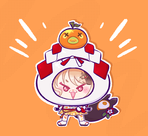Art of a chibi Gigi Murin in her New Years costume, wearing a huge kagami mochi on her head.