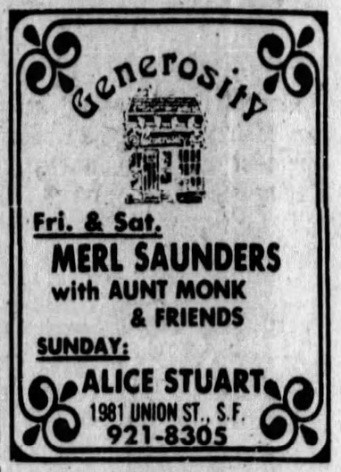 newspaper ad for Generosity 
Fri & Sat
MERL SAUNDERS
with AUNT MONK & FRIENDS

1981 Union Street