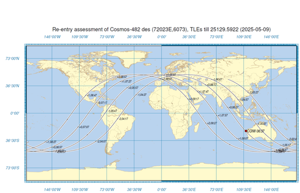 Map showing possible landing areas for Kosmos
