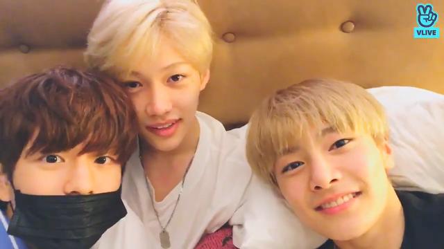 Seungmin, Felix and I.N in I.N's bed, looking at the camera.