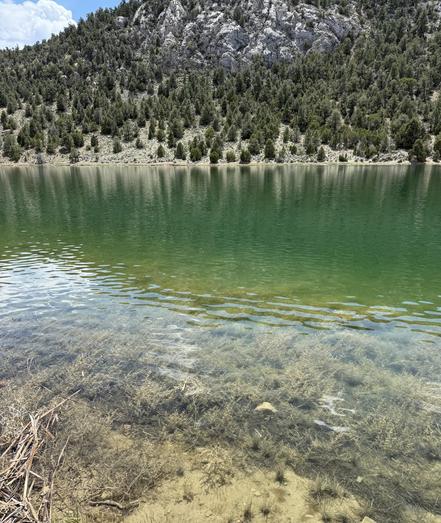 A lake with green-turquoise water, reflecting clouds and sky.