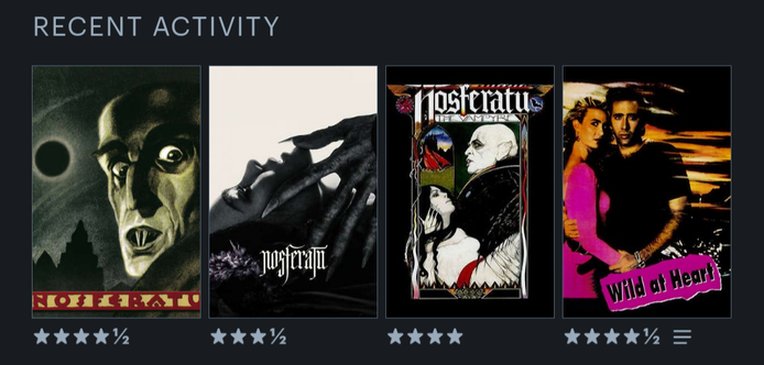 Os quatro últimos filmes registrados no meu Letterboxd: Coração Selvagem; Nosferatu: O Vampiro da Noite (1979); Nosferatu (2024); e Nosferatu, o Vampiro (1922).