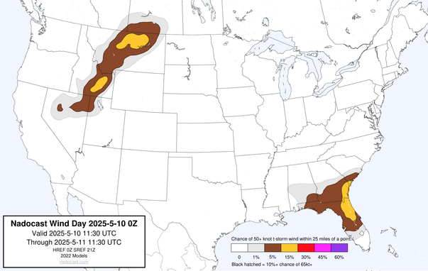 0z Day #Wind Forecast - map of the United States depicting areas of wind risk using various colors