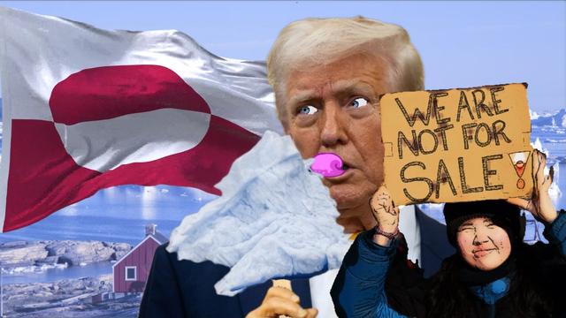 Trump steht neben einer Grönlandflagge und leckt ein Grönlandeis. Daneben hält eine grönländische Frau ein Schild hoch: We are not for sale